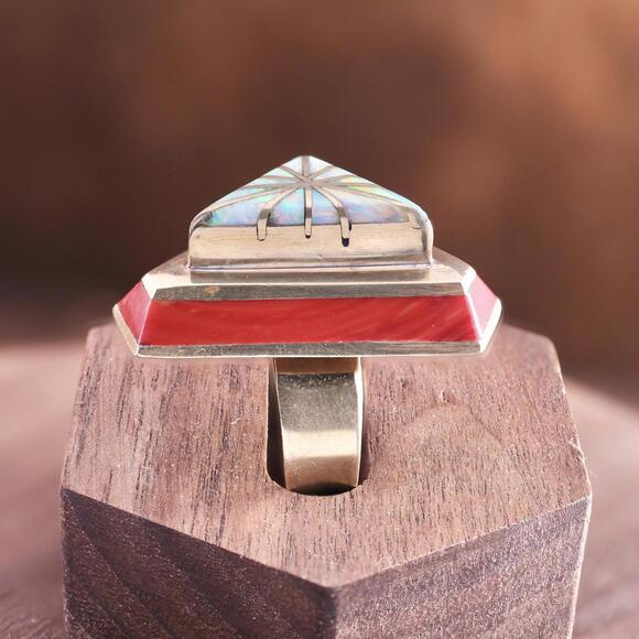 Vintage Larry Castillo Navajo Brass Coral Opal Inlay Brutalist SW Ring Size 9.25 - Picture 7 of 11